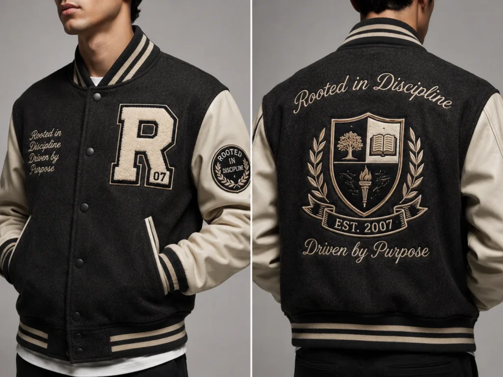 Algo Bert Fashion Iconica giacca letterman varsity personalizzata con corpo in lana, maniche in pelle e toppe in ciniglia personalizzate per marchi lifestyle