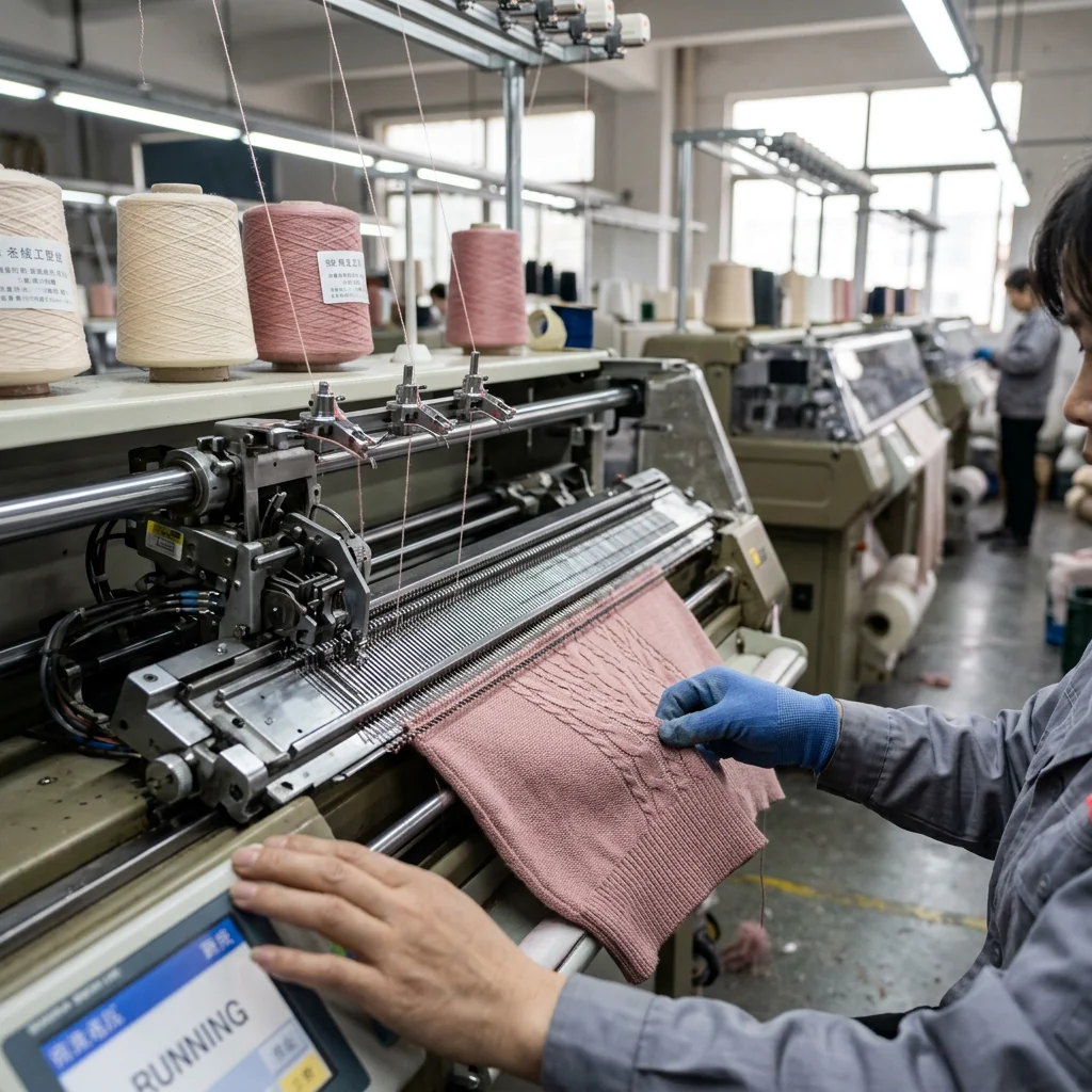 Algo Bert Fashion Grande plano de uma máquina de tricotar moderna que produz ativamente uma camisola de malha macia para senhora numa fábrica de vestuário de Guangzhou. Fio a entrar nas agulhas, painel parcialmente tricotado visível. Fundo desfocado de outras máquinas.