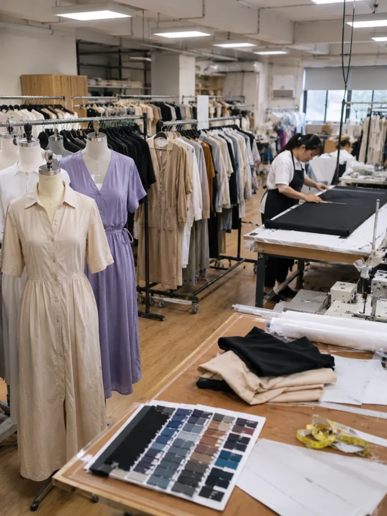 Algo Bert Fashion low moq clothing manufacturer — sample room and garment production workshop in Guangzhou factory