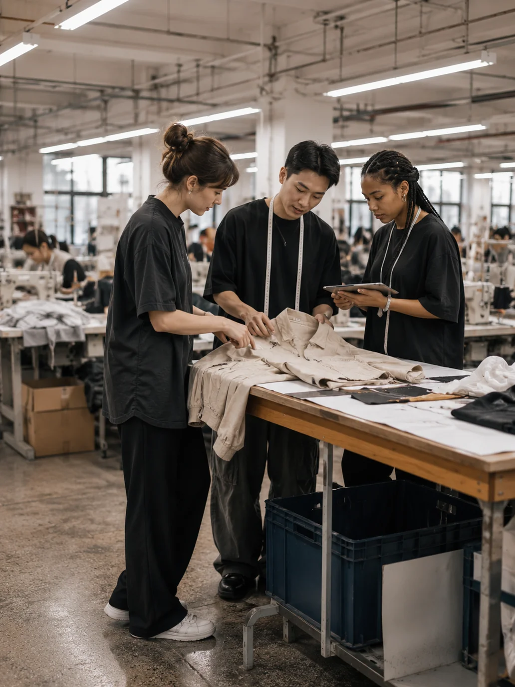 Algo Bert Fashion Fabricant de vêtements de mode pour l'équipe de démarrage examinant un échantillon de vêtement avec un technicien de l'usine à Guangzhou