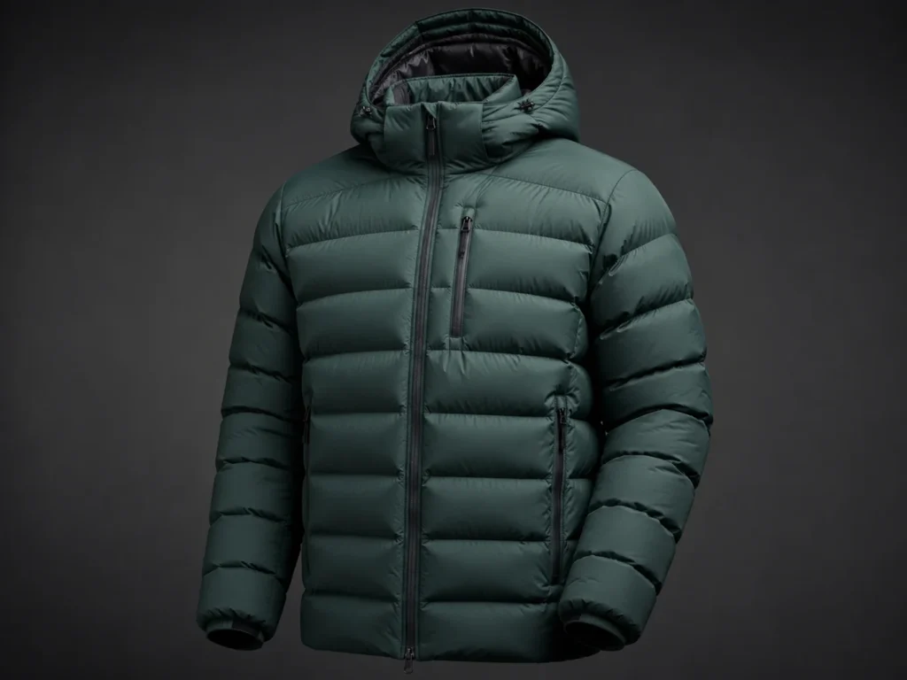 Algo Bert Fashion Performance è una giacca puffer isolata con cuciture baffle e tessuto tecnico, disponibile per la produzione personalizzata di piuma o imbottitura sintetica.