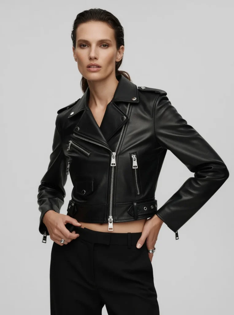 Algo Bert Fashion produce giacche su misura per la giacca da motociclista in pelle da donna con finiture in argento e vestibilità sartoriale per le collezioni di moda contemporanee europee e americane.