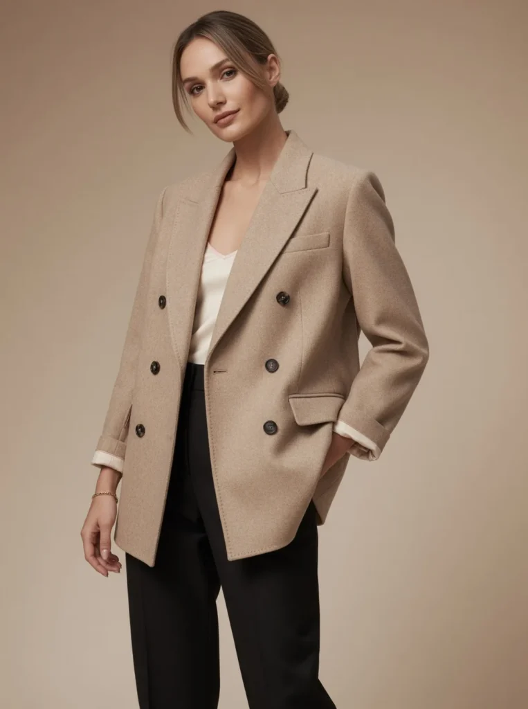Algo Bert Fashion Giacca blazer oversize da donna in lana beige cammello con taglio sartoriale rilassato per i marchi di abbigliamento femminile moderno europei e americani