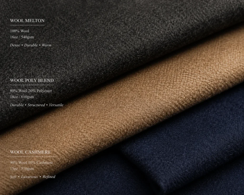 Algo Bert Fashion Tessuti pregiati in lana e misto lana, tra cui lana melton, lana-poliestere e lana-cashmere per giacche varsity, peacoat e capispalla sartoriali.