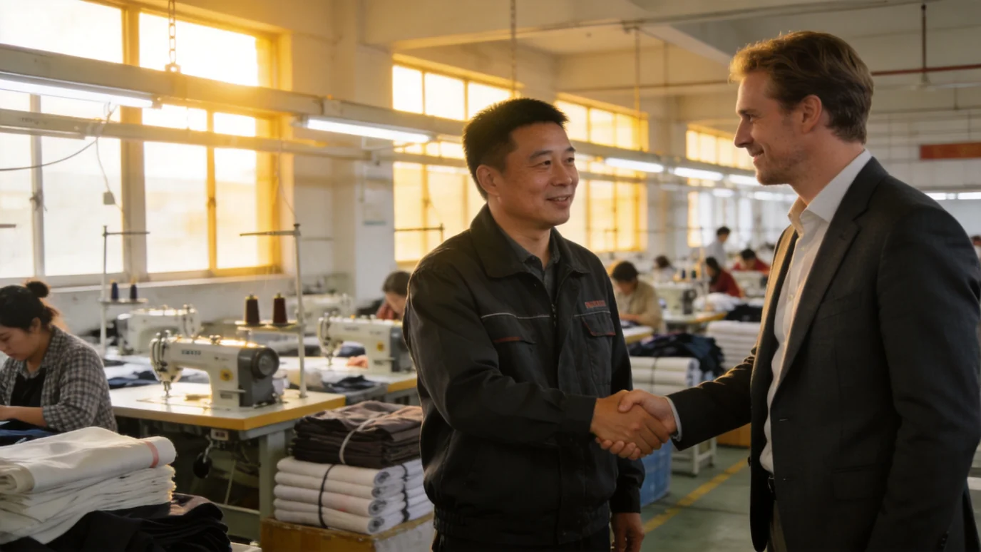 Herstellerbeziehungen China - Fabrikbesitzer und Markenmanager schütteln sich in der Produktion die Hände