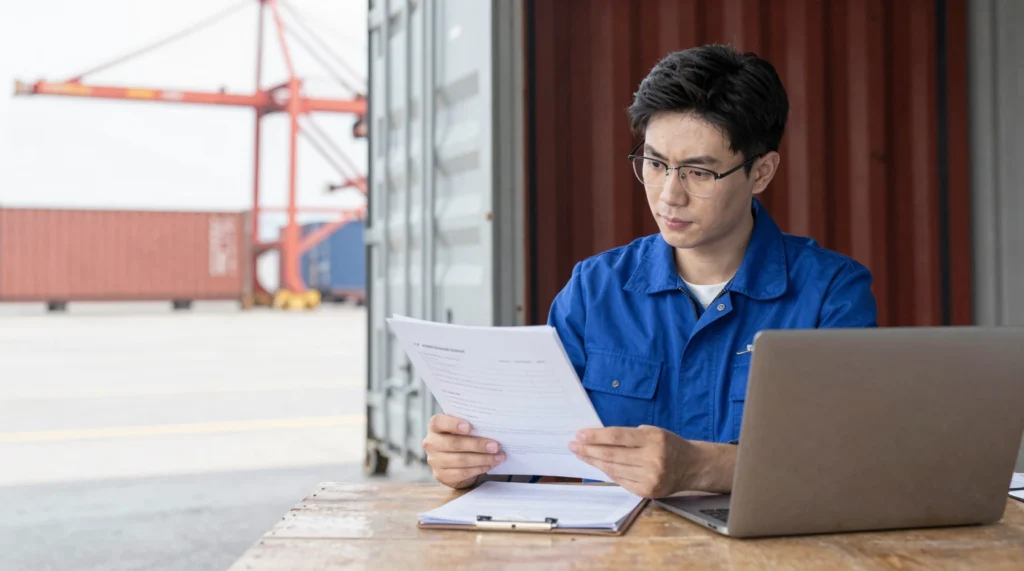 Customs broker reviewing factory documentation - commercial invoice, packing list, certificate of origin