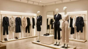 Boutique clothing sourcing China – elegant boutique retail display with curated unique fashion pieces