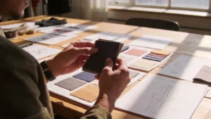 before custom clothing production - startup brand founder preparing for garment production with fabric swatches and tech pack