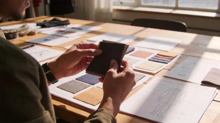 before custom clothing production - startup brand founder preparing for garment production with fabric swatches and tech pack
