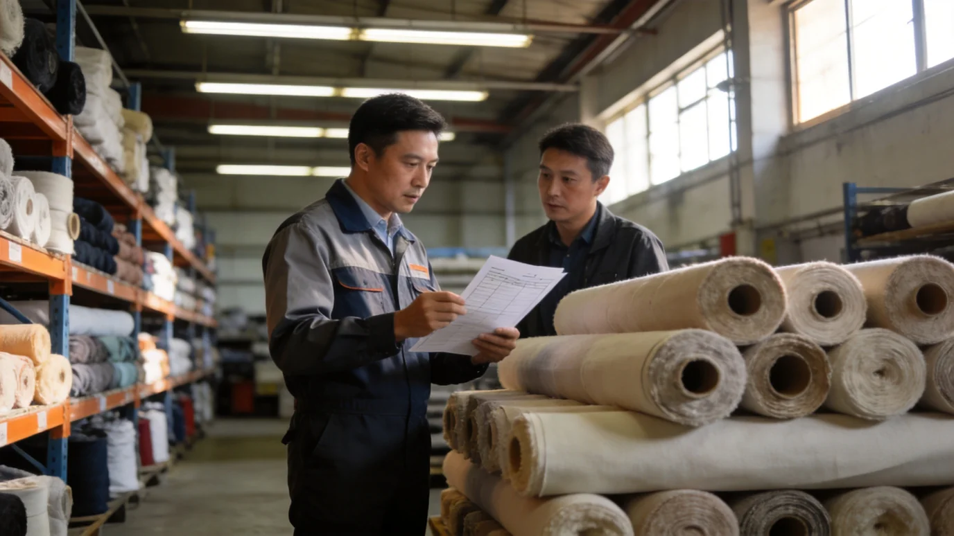 before custom clothing production - production planning and MOQ discussion with factory manager in fabric warehouse