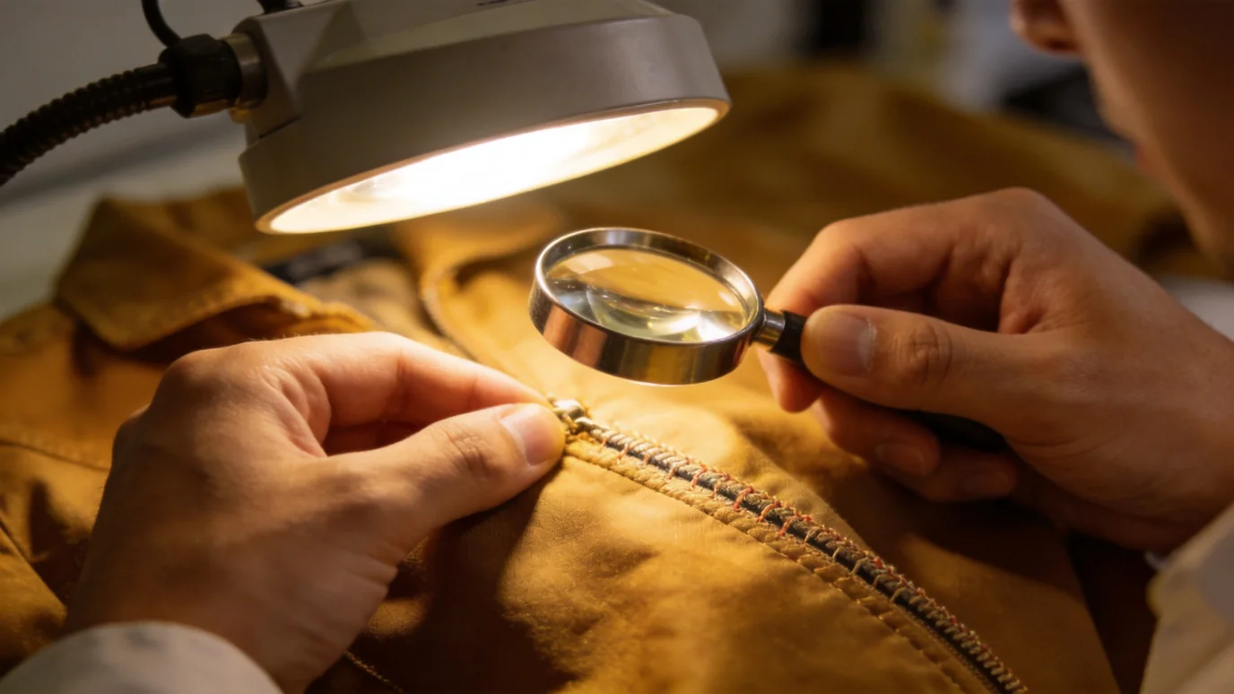 before custom clothing production - quality control inspector checking garment seams and stitching defects