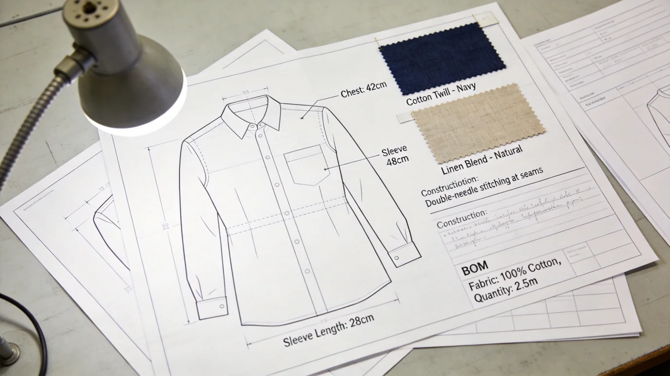 before custom clothing production - complete tech pack with measurement specs and fabric swatches on factory workspace
