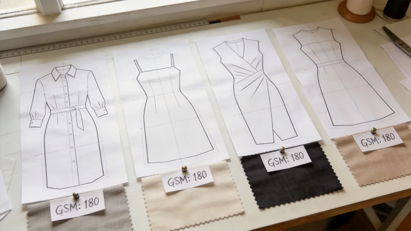 best fabrics for summer dresses - dress pattern pieces on fabric for silhouette matching